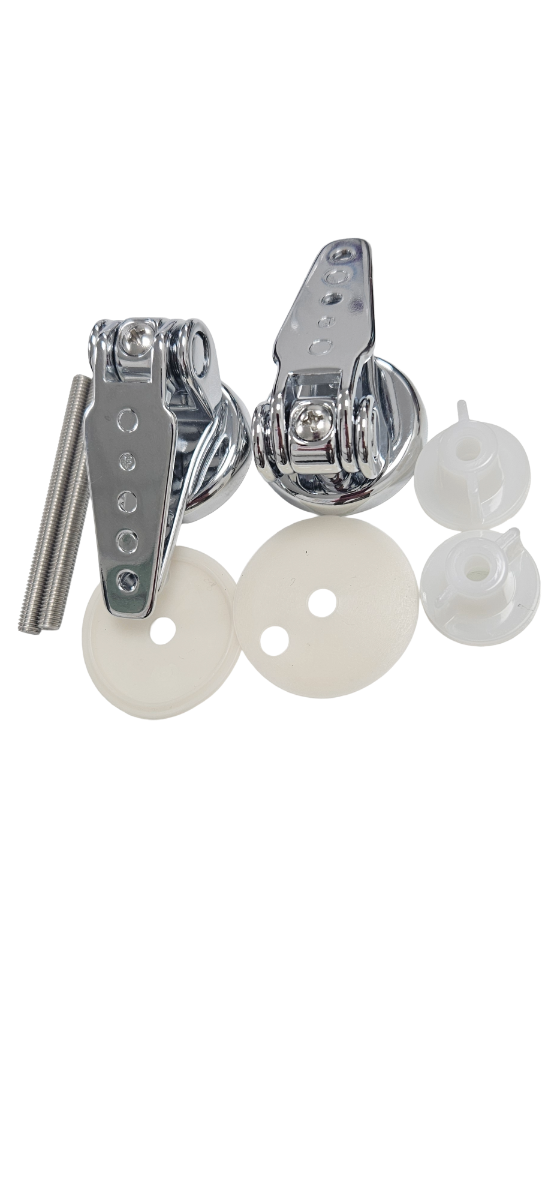OVERLAPPED CHROME METAL HINGES PAIR OF OVERLAPPED CHROME METAL HINGES Pair of stackable metal toilet seat hinges with a chrome finish. Adjustable bottom fixing for through-hole sanitary fixtures. Includes non-slip gaskets. Holes are 19 mm apart