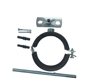 Geberit 814.546.00.1 Wall Hung Pan Fixing Kit Universal. It includes a pipe clamp, which is used to secure pipes to walls or ceilings. The clamp is made of carbon steel with a zinc coating for corrosion protection. It has a rubber lining to reduce noise a