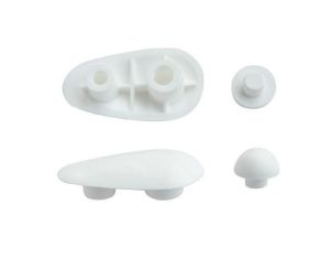 white plastic toilet seat buffers, also known as toilet seat bumpers or spacers. These small components are designed to be installed on the underside of a toilet seat. 
Key information about these buffers:
Purpose:
They provide cushioning, reduce noise