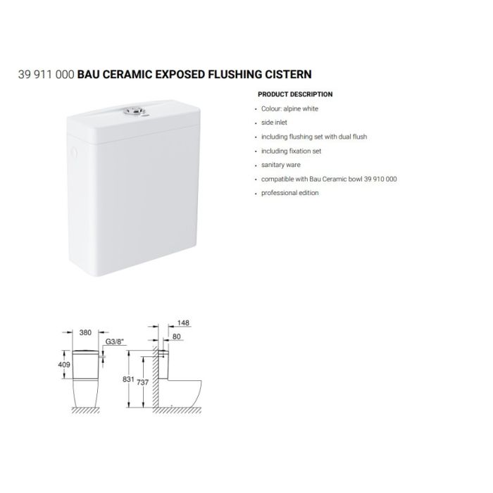 Grohe Bauedge Toilet Ceramic Cistern Side Inlet 39911000   Grohe 39911000 BAU CERAMIC EXPOSED FLUSHING CISTERN PRODUCT DESCRIPTION • Colour: alpine white • side inlet • including flushing set with dual flush • including fixation set • sanitary ware • comp
