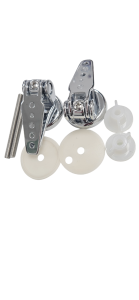 OVERLAPPED CHROME METAL HINGES PAIR OF OVERLAPPED CHROME METAL HINGES Pair of stackable metal toilet seat hinges with a chrome finish. Adjustable bottom fixing for through-hole sanitary fixtures. Includes non-slip gaskets. Holes are 19 mm apart