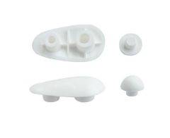 white plastic toilet seat buffers, also known as toilet seat bumpers or spacers. These small components are designed to be installed on the underside of a toilet seat. 
Key information about these buffers:
Purpose:
They provide cushioning, reduce noise