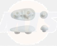 white plastic toilet seat buffers, also known as toilet seat bumpers or spacers. These small components are designed to be installed on the underside of a toilet seat. 
Key information about these buffers:
Purpose:
They provide cushioning, reduce noise