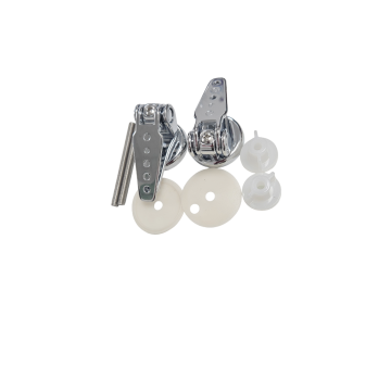 OVERLAPPED CHROME METAL HINGES PAIR OF OVERLAPPED CHROME METAL HINGES Pair of stackable metal toilet seat hinges with a chrome finish. Adjustable bottom fixing for through-hole sanitary fixtures. Includes non-slip gaskets. Holes are 19 mm apart