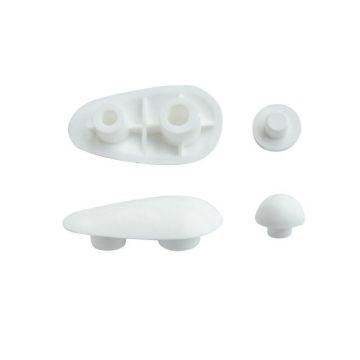 white plastic toilet seat buffers, also known as toilet seat bumpers or spacers. These small components are designed to be installed on the underside of a toilet seat. 
Key information about these buffers:
Purpose:
They provide cushioning, reduce noise