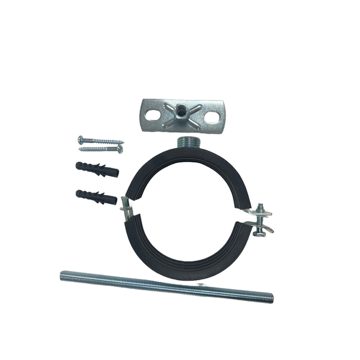 Geberit 814.546.00.1 Wall Hung Pan Fixing Kit Universal. It includes a pipe clamp, which is used to secure pipes to walls or ceilings. The clamp is made of carbon steel with a zinc coating for corrosion protection. It has a rubber lining to reduce noise a