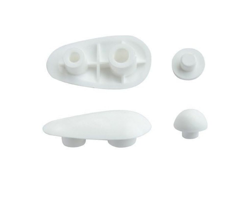 white plastic toilet seat buffers, also known as toilet seat bumpers or spacers. These small components are designed to be installed on the underside of a toilet seat. 
Key information about these buffers:
Purpose:
They provide cushioning, reduce noise