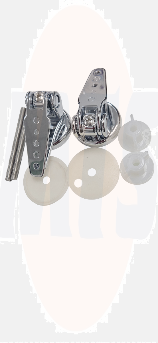 OVERLAPPED CHROME METAL HINGES PAIR OF OVERLAPPED CHROME METAL HINGES Pair of stackable metal toilet seat hinges with a chrome finish. Adjustable bottom fixing for through-hole sanitary fixtures. Includes non-slip gaskets. Holes are 19 mm apart