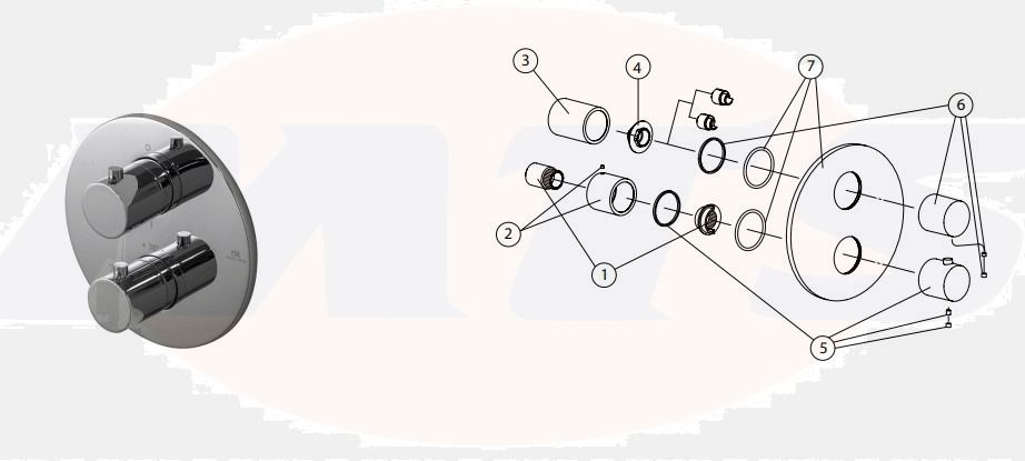 Porcelanosa / Noken 100144351 Round Concealed Diverter  Thermostatic smart box external component 100124173 chrome FIG 6
