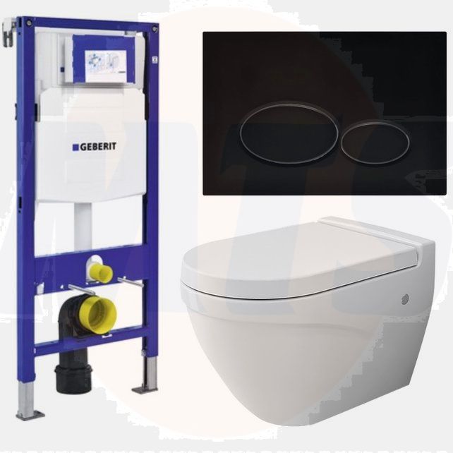 Geberit Toilet Set UP 320 Taormina Matt White Flatline Rimfree Softclose Quick Release Toilet Seat Alpha Matt Black 1012-A0300-002