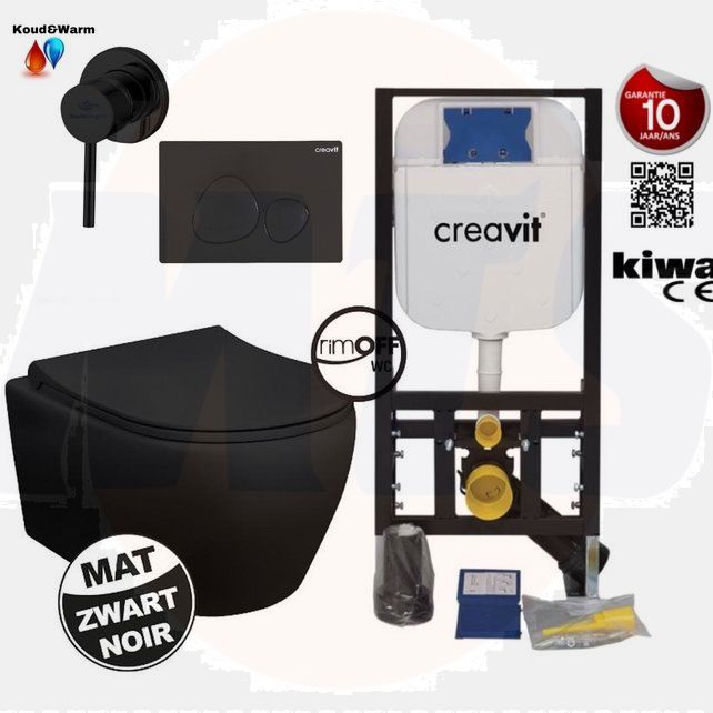 Creavit wall-hung toilet set aloni black mat rimless with bidet sprayer including soft close toilet seat and diverter tap  AL6612 - AL0611 - GP50031
