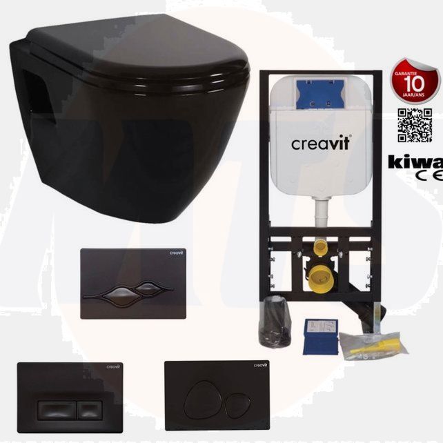 Creavit Hanging toilet set Gloss Black Creavit tp325 black Concealed cistern, bidet tap and control panel black toilet seat soft close. TP325-50SI00E-0005 - KC4080.SO - GR5003