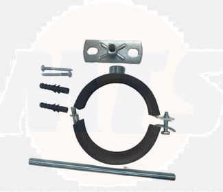 Geberit 814.546.00.1 Wall Hung Pan Fixing Kit Universal. It includes a pipe clamp, which is used to secure pipes to walls or ceilings. The clamp is made of carbon steel with a zinc coating for corrosion protection. It has a rubber lining to reduce noise a